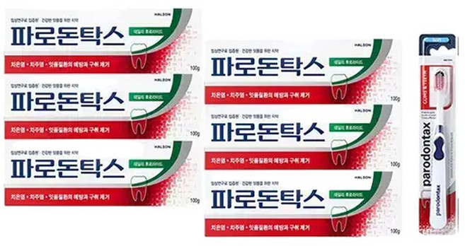 파로돈탁스 데일리 후로라이드 치약 100g 6개 + 검앤티스 칫솔 1입