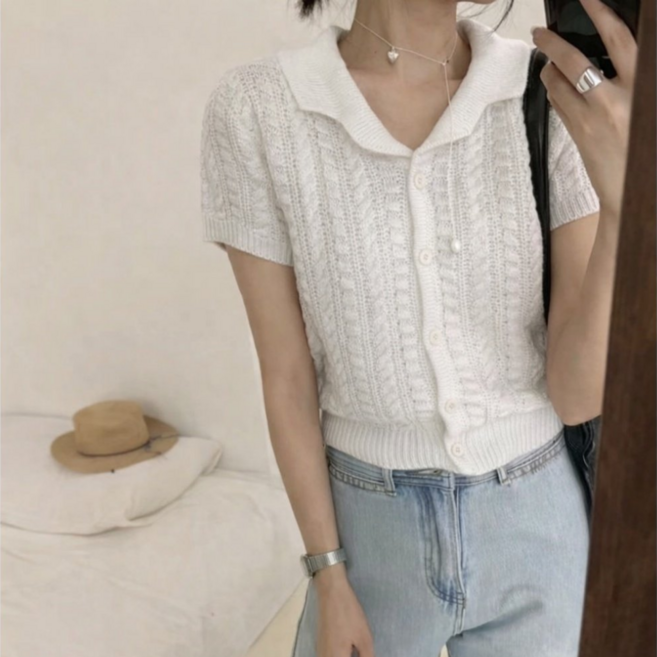 리오르 여성 카라 반팔 니트 가디건 여름