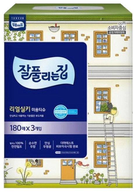 잘풀리는집 리얼실키 무향 미용티슈 각티슈, 180매입, 3개