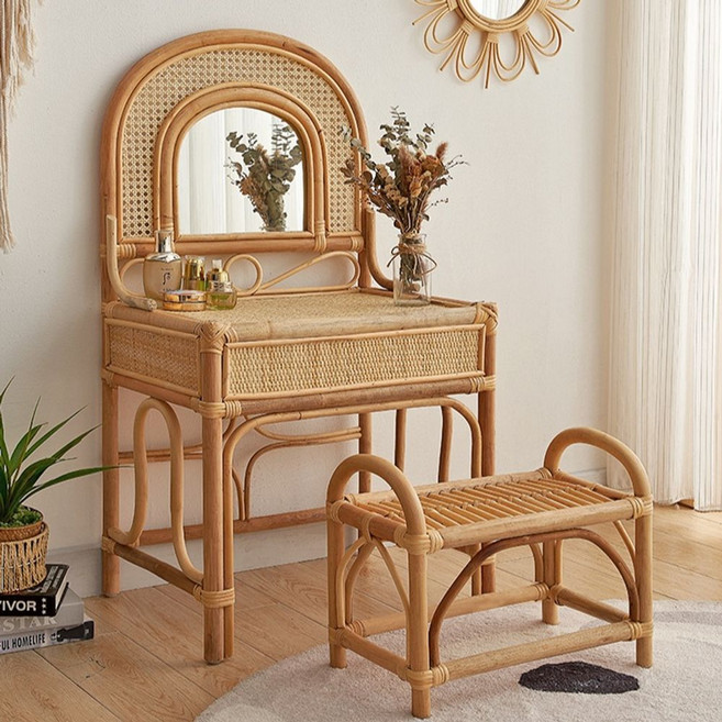 라탄화장대 입식 미니 원목 거울 소형 화장대 안방, 등나무, 낮은 보우 체어 34*46