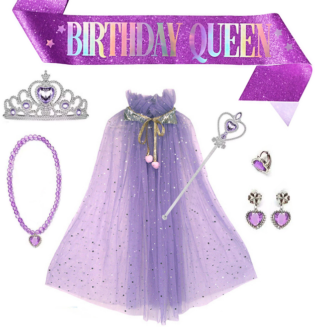 [청춘교복] 공주 생일 파티 용품 5종세트+망토+어깨띠 축하 코스프레 연말 선물 소품 프린세스 코스튬 주얼리 왕관 요술봉 목걸이 액세사리, 1개, 라벤더-벌스데이퀸