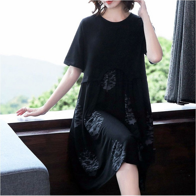 JUSTFEELING XL-6XL 빅사이즈 4050대 중년 여성 여름원피스 젊은보이는 블랙원피스빅사이즈 세련된 엄마원피스 120KG까지