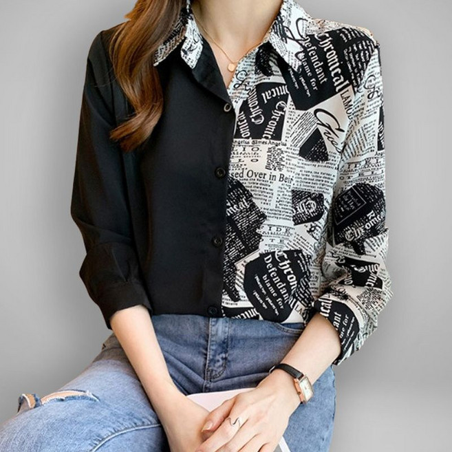 퀸이즈 빠른배송 체토 하프 매거진 패턴 블라우스