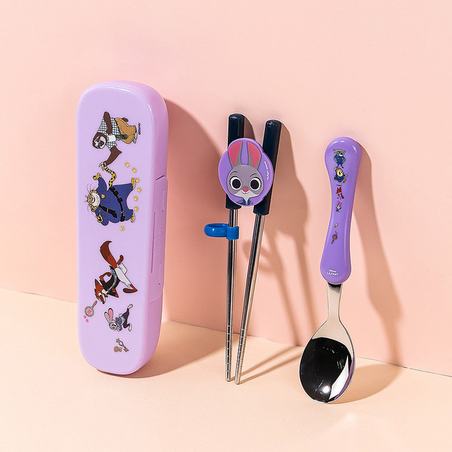 홈앤키즈 주토피아2 교정용 젓가락 스푼 글라이더케이스세트 수저세트 2단계 어린이 유치원 초등학생 아동 교정젓가락 휴대용 왼손잡이 겸용 단체선물, 주토피아2 교정용젓가락 스푼 글라이더케이스세트, 1개