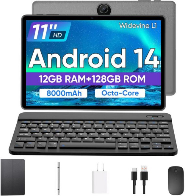태블릿 11인치 안드로이드 14 태블릿 12GB 램128GB 저장공간 옥타코어 키보드 포함 GPS 8000mAh 배터리 800x1280 FHD 디스플레이 듀얼 카메라, Black