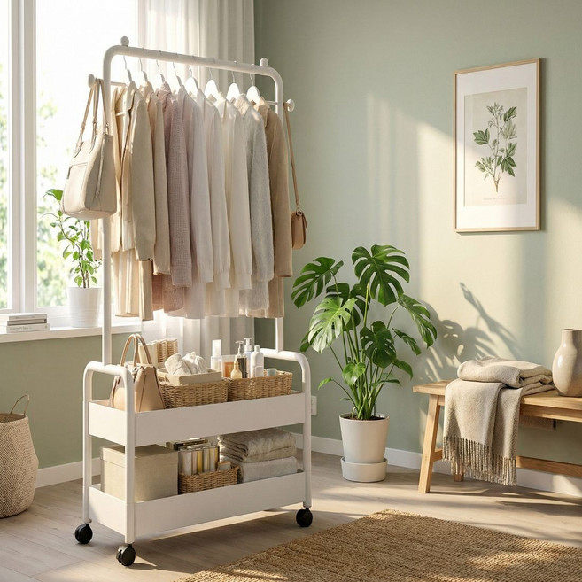포인티움 이동식 행거 2단 수납 트롤리, 흰색