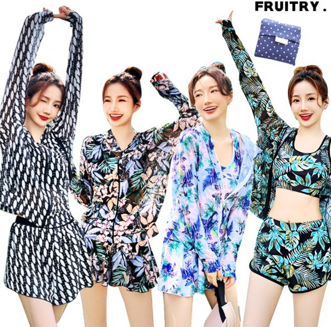 3위 - 여린 M~2XL 루즈핏 여성래쉬가드 상하의 레쉬가드세트 빅사이즈 여자수영복 치마 체형커버 비치가방 set, 