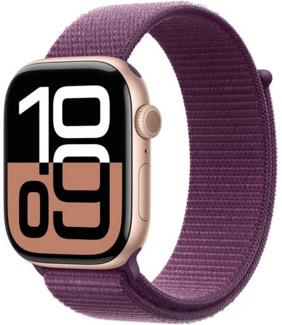 Apple Watch 시리즈 10 GPS 46mm 플럼 스포츠 루프가 있는 로즈 골드 알루미늄 케이스 원 사이즈갱신, 1개