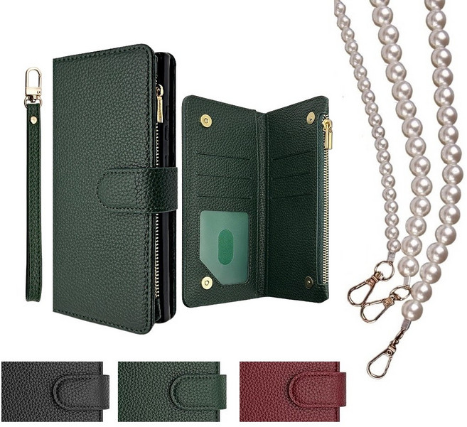 갤럭시A23 LTE 케이스 SM-A235N 가죽 트롯타타 사이드 (지퍼) (손목 스트랩 줄 + 진주롱 목걸이) 양면 더블형 카드 수납 포켓 자석 지갑