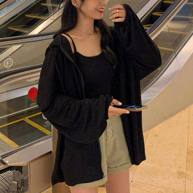 여성 후드 집업 얇은 여름 가디건 비치웨어 루즈핏