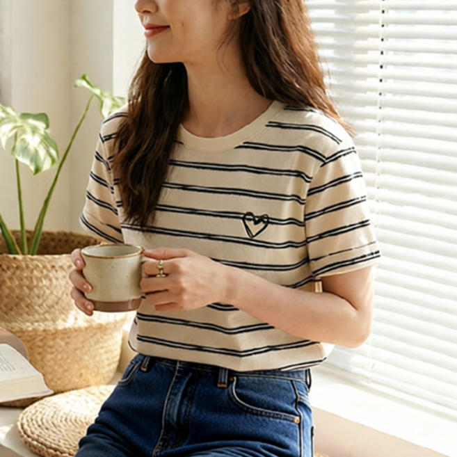 오우하하 여성 스트라이프 하트 티셔츠