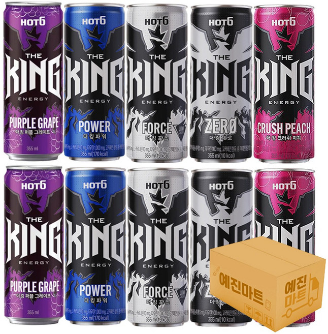 [예진마트] 핫식스 더킹 에너지드링크 355ml x 10캔 혼합 제로 파워 포스 퍼플그레이프 크러쉬피치, 1세트, 제로2+파워2+포스2+퍼플그레이프2+크러쉬피치2