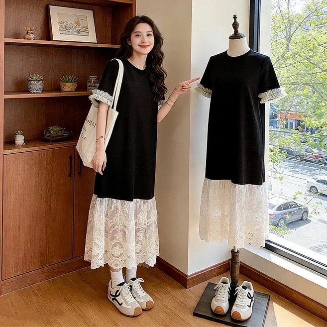 MAKABORO 빅사이즈 여성 반팔 원피스 레이스 패치 캐주얼 라운드넥 일자 원피스