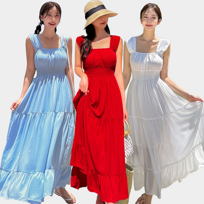 44~66/자체제작 비키비키 아리아나 원피스 맥시 롱 캉캉 루즈핏 체형커버 셀프웨딩 브라이덜샤워 민소매 여름 휴양지룩 바캉스 비치웨어