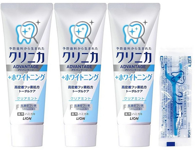 Amazon.co.jp 크리니카 어드밴티지+화이트닝 치약 클리어민트 130g×3개+Y자 치실 1P, 1개, 1g