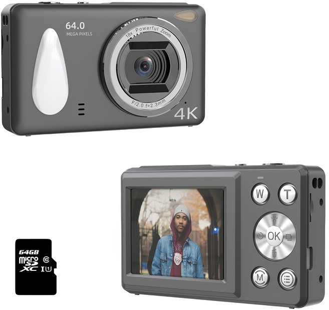 RUN기술 하이엔드 셀카 디지털 카메라 6400W 픽셀 브이로그 손떨림+64GB 메모리, 블랙