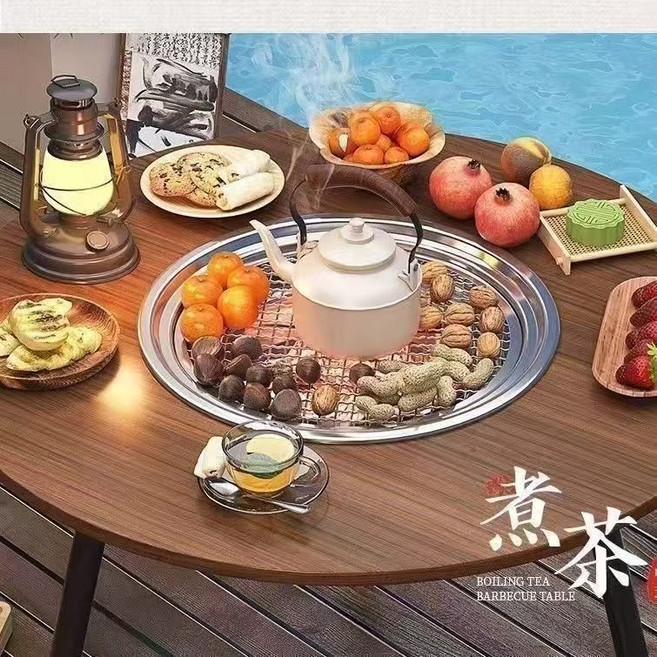 BSWolf 접이식 바베큐 라운드 테이블 스토브 휴대용 캠핑 바베큐 숯 그릴 보관 가방 포함 파티오 차 끓이기, 이미지참조