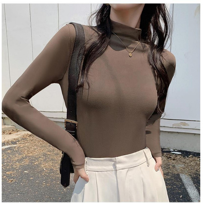 여성 슬림 스판 폴라 티셔츠 데일리 이너 긴팔