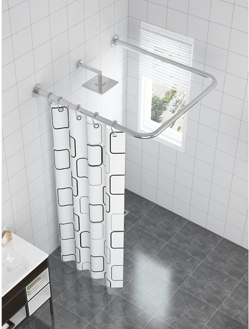 U자형 무타공 욕실 커튼 봉 세트, 무타공 100 스퀘어+커튼, V