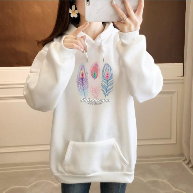 스타일아유 여성 기모 후드 컬러 깃털 레터링 티셔츠 맨투맨 루즈핏 오버핏 긴팔 후드티 AYB0TS0485