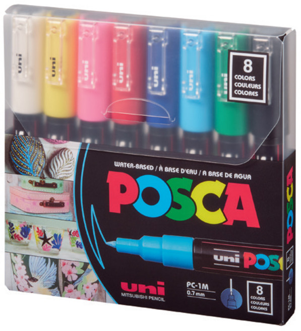 uni 포스카 매우 얇은 글씨용 마카 세트 PC-1M, 1세트, 8색