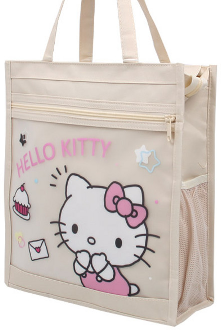 튼튼하고 넉넉한 사이즈에 앞부분 보조 불투명 주머니가 있어 내용물 확인이 쉬운 키티 보조가방