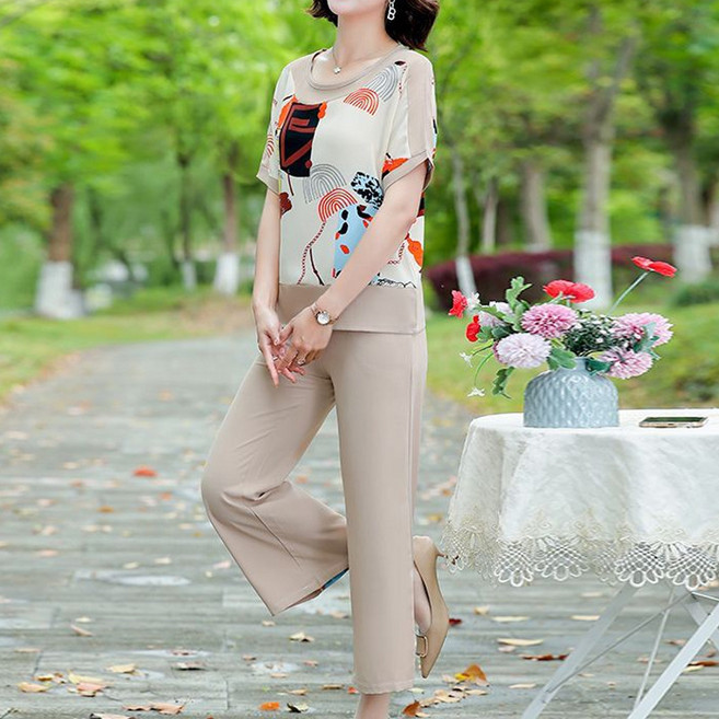 【洋氣顯瘦】媽媽夏裝 中老年女裝 中年女裝 兩件套 套裝 洋氣V領T恤 中袖上衣 冰絲薄款 休閒舒適 送禮自穿皆宜, HSYP#9016#桔紅套裝