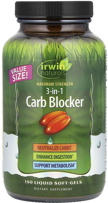 Irwin Naturals Maximum Strength 3-in-1 Carb Blocker 액상 소프트젤 150정, IrwinNaturalsMaximumStrength3-, 1개 - 쿠팡