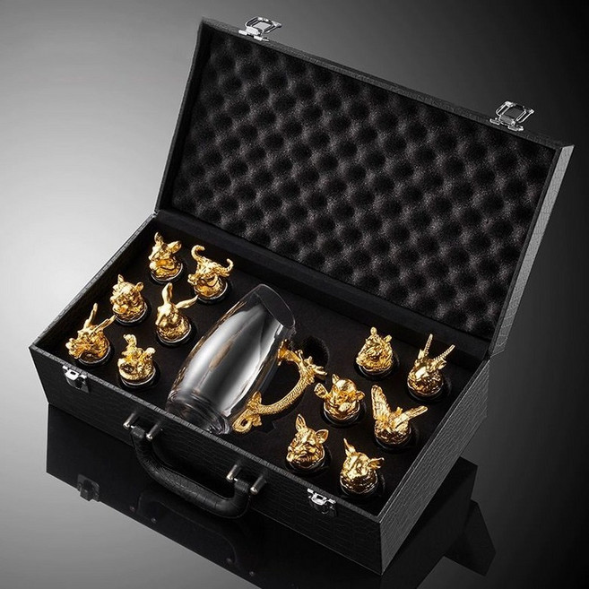 도자기 술잔 십이지신 사케잔 고량주 엔틱 위스키 선물용, 1개, 골드 완제품 세트 (가죽 케이스)