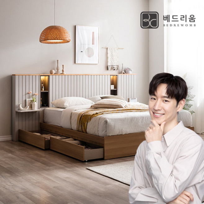 리디아 LED침대(K)+사이드패널2EA+스위트에디션Hard 매트, 내추럴 그레이