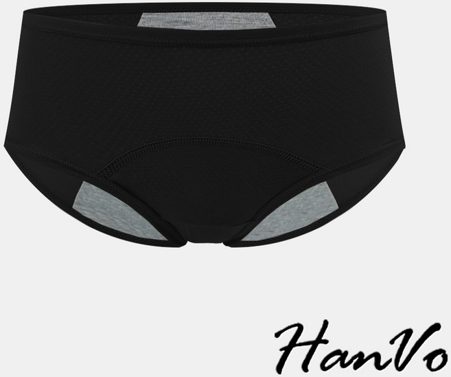 HanVo 柔軟透氣孔生理褲 吸濕排汗 加寬防水純棉底襠防漏 中低腰 透氣內褲, 黑色,2XL