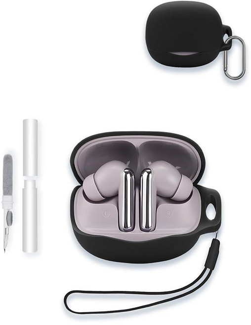 Qcy Melobuds N50 ANC 블루투스 5.4 무선 이어폰용 케이스 WUNIAK 소프트 실리콘 보호 휴대용 긁힘 방지 쉘 클리너 키트 및 카라비너 및 랜야드 포함, 블랙