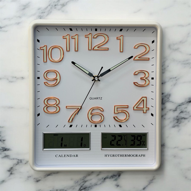 홈컴퍼니 무소음 사각 온도 습도 날짜 인테리어 건전지 야광 LCD 벽시계 34CM, 화이트