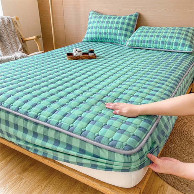 기쯔 누빔 매트리스 커버 체크 밴드형 밀림 방지