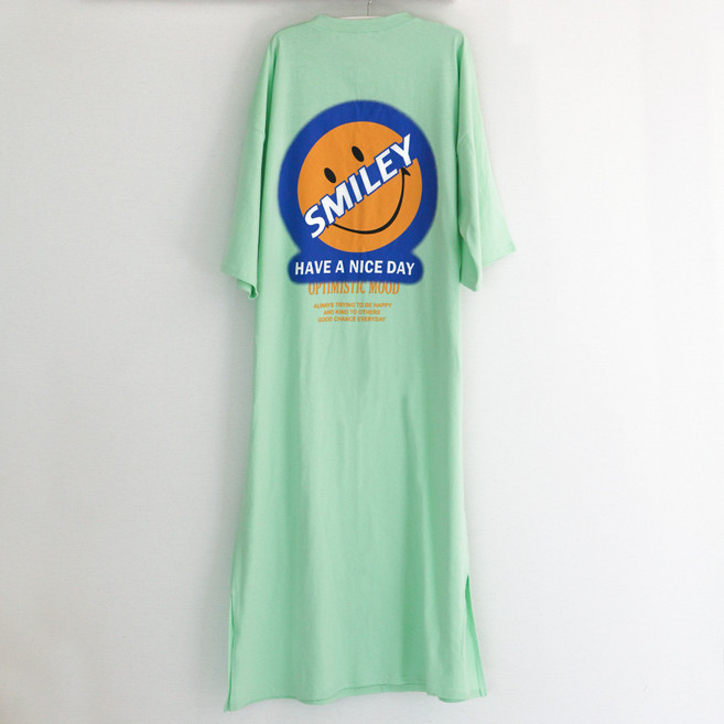 글램공감 여성용 통기성 웃는얼굴 순면 반팔 롱 원피스 잠옷