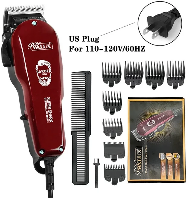 WALUX Professional AC220-240V 헤어 클리퍼 10W 강력한 트리머 홈 맨 면도기 2M 케이블 커팅 머신 8 가드, 01 USPlug905