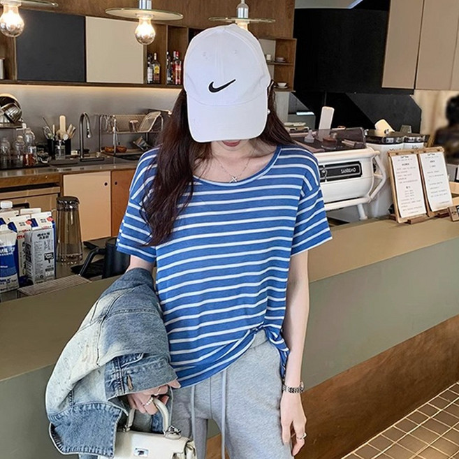 후암마켓 여자 스트라이프 텐셀 찰랑 루즈핏 데일리 반팔 티셔츠