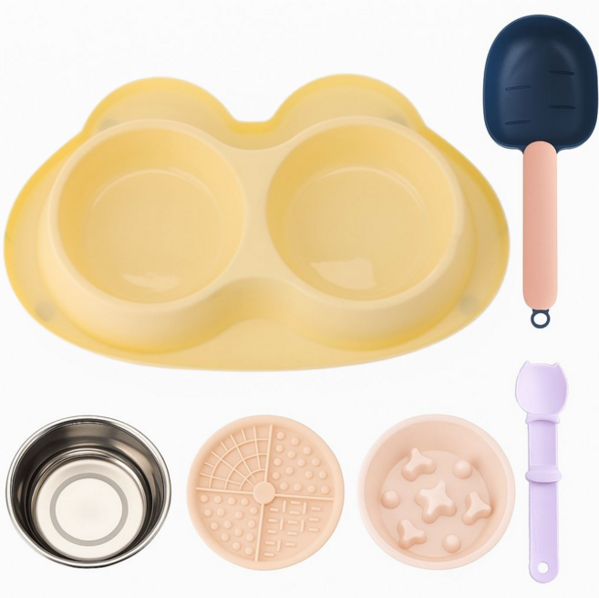 프라홈 반려동물 급체방지 올인원 2in3 스텐 강아지 밥그릇 간식 스푼, 1개, 옐로우