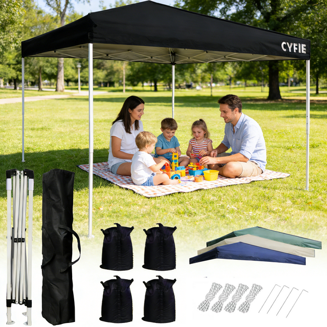 텐트 캠핑 원터치 텐트 천둥천막 접이식 캐노피 천막 지붕형 몽골텐트 접이식 캐노피차양막 행사용 방수 파티오 타프 대형 2X2 여름 4-6 인용, 블랙