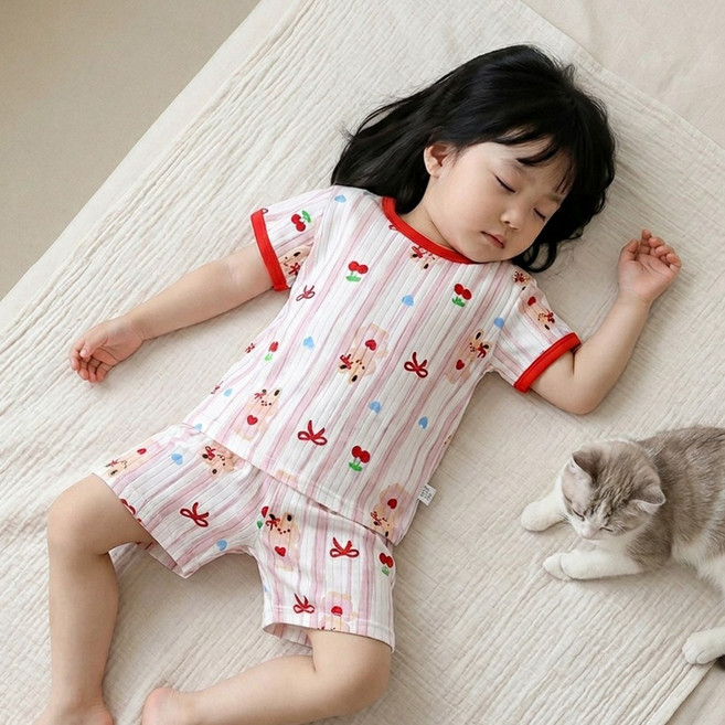 몽실이 코튼 컬러 반팔실내복 유아 여아 남아 여름 잠옷 귀여운 프린트 상하세트