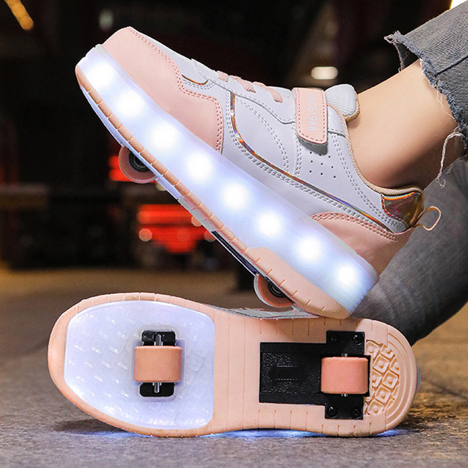 바퀴 달린 신발 휠 운동화 투명 롤러스케이트 바퀴 4륜 접이식 스포츠 롤러신발 발광슈즈, 1개, 화이트 핑크 WH198 - 4륜