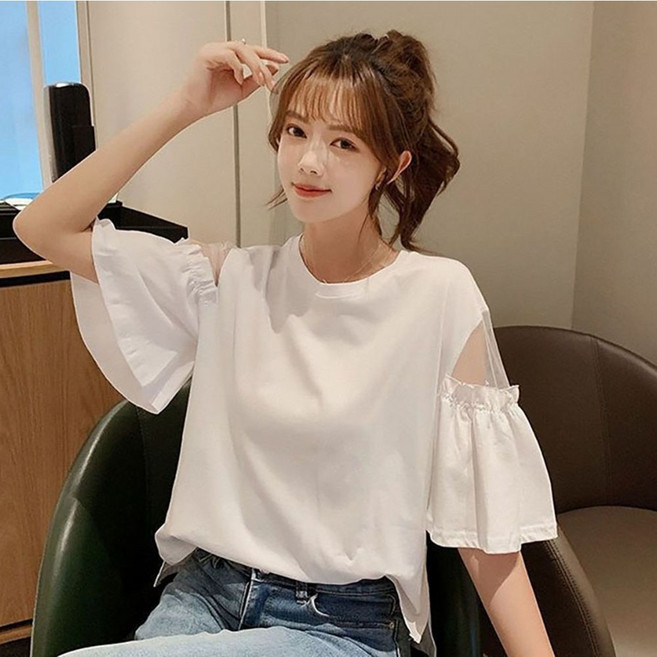 ROYALBELLE 여성 라운드넥 루즈핏 프릴 소매 심플 데일리 캐주얼 반팔 티셔츠 B06020117