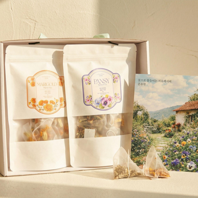 온유원 프리미엄 수제 꽃차 선물세트 2종(15개입)세트, 1개, 팬지블렌딩(15개입)+마리골드(15개입)