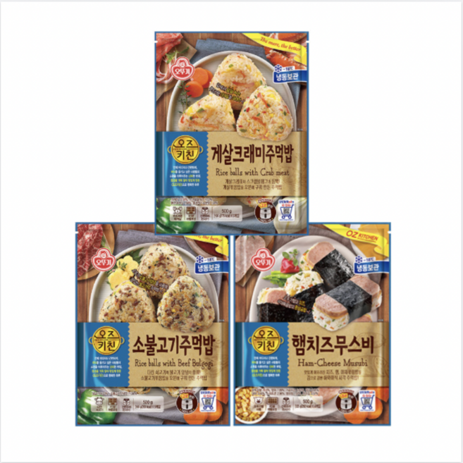 오뚜기 오즈키친 햄치즈무스비 + 소불고기주먹밥 + 게살크래미주먹밥, 500g, 3개