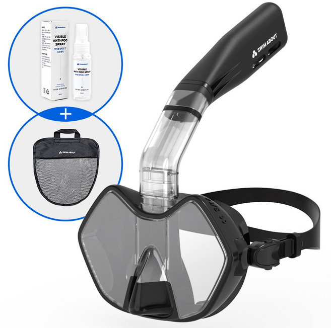 스윔어바웃 프리딥 스노쿨링 마스크 세트 + 안티포그 스프레이, 미스틱 블랙