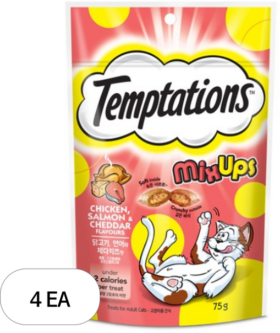 템테이션 고양이 믹스업 스낵, 혼합맛(닭고기/연어/체다치즈), 75g, 4개