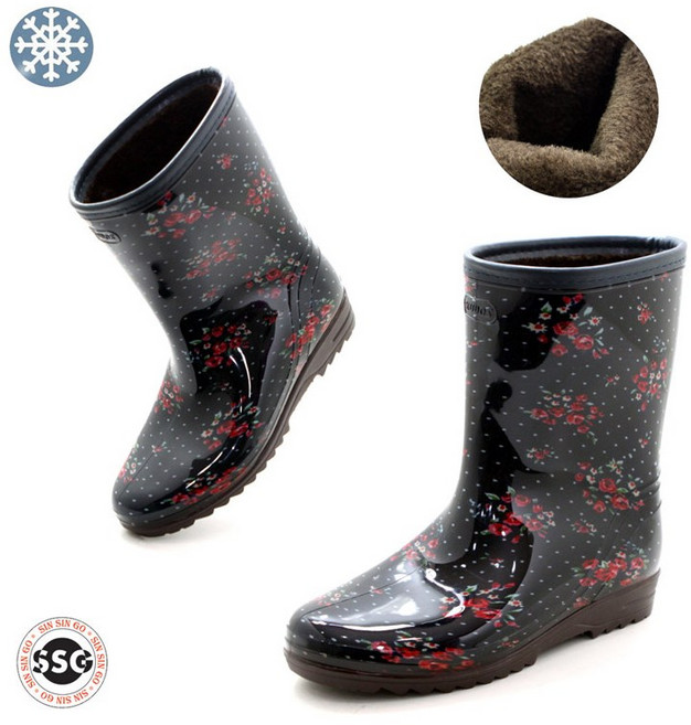 [따뜻한 겨울장화]발볼넓은 털안감 수산작업위생우화 여성 미들방수장화 총장길이24cm GJ