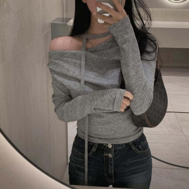 Asure 여성 긴팔티셔츠 오프숄더 슬림핏 니트