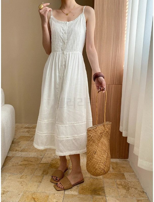레이스 나시 버튼 롱 원피스 셔링 레이어드 화이트