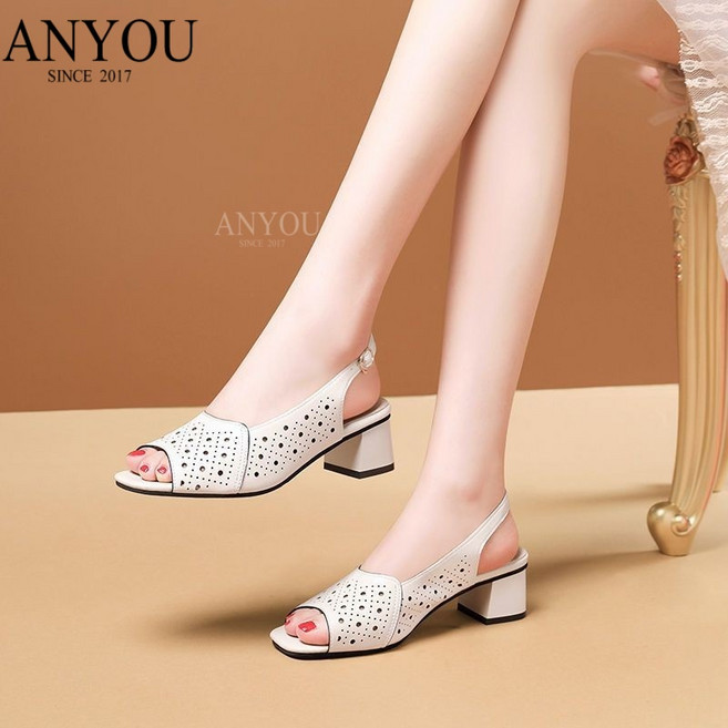 ANYOU 여성용 펀칭 슬링백 샌들 미들힐 굵은굽 오픈토 편한 여름 구두 출근룩